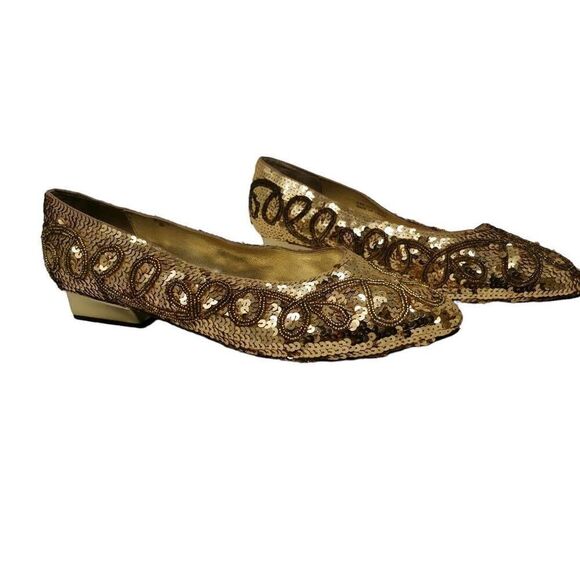 Vintage Gold Sequin Shoes with Dark Gold Glass Beading | Size 10 | Circa 1980s-1 - Picture 2 of 7